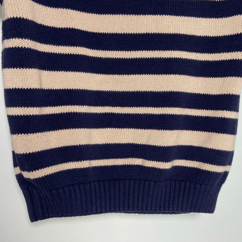 Lands End Vintage Short Sleeve Sweater Cream Navy Nautical Coastal Grandma Knit - Picture 7 of 9